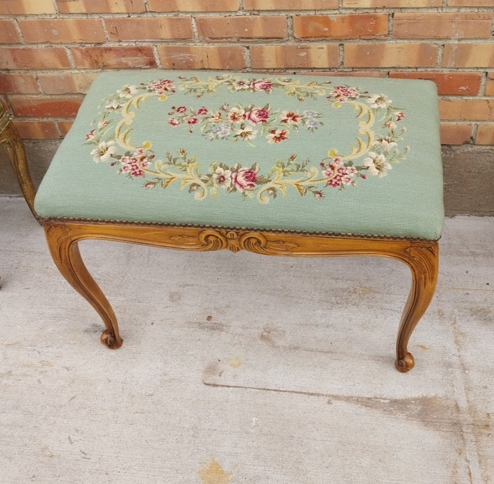 LARGE LOUIS XV GREEN NEEDLE POINT BENCH