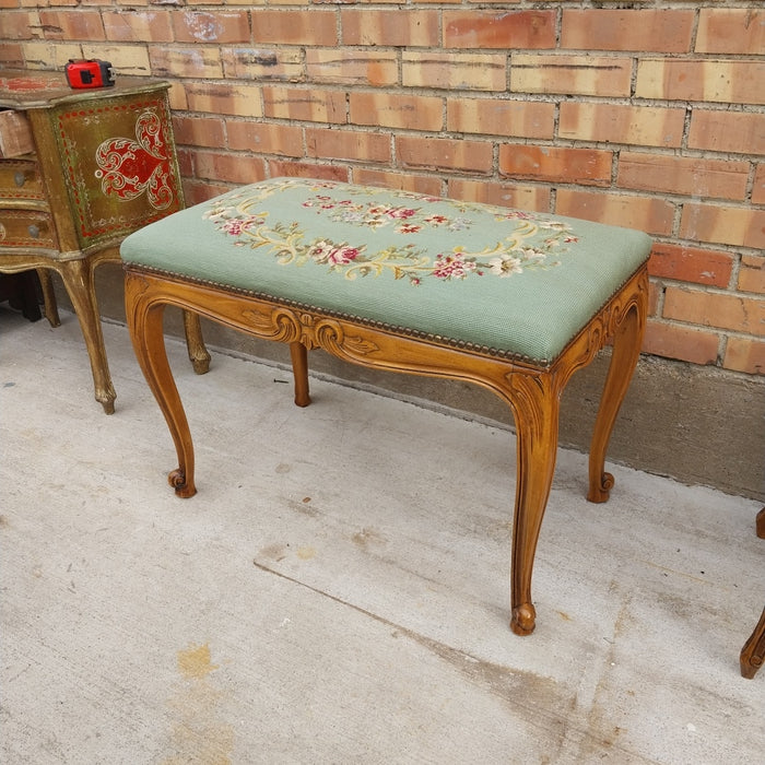 LARGE LOUIS XV GREEN NEEDLE POINT BENCH