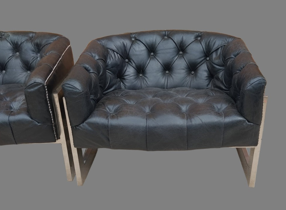 PAIR OF MODERN BLACK LEATHER AND CHROME CHAIRS