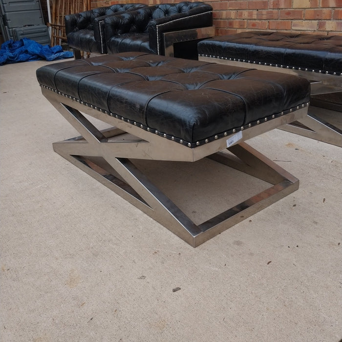 PAIR OF BLACK LEATHER AND CHROME BENCHES