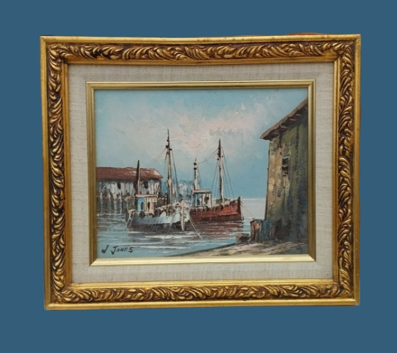 SMALL FRAMED OIL PAINTING OF FISHING BOATS