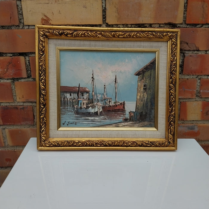 SMALL FRAMED OIL PAINTING OF FISHING BOATS