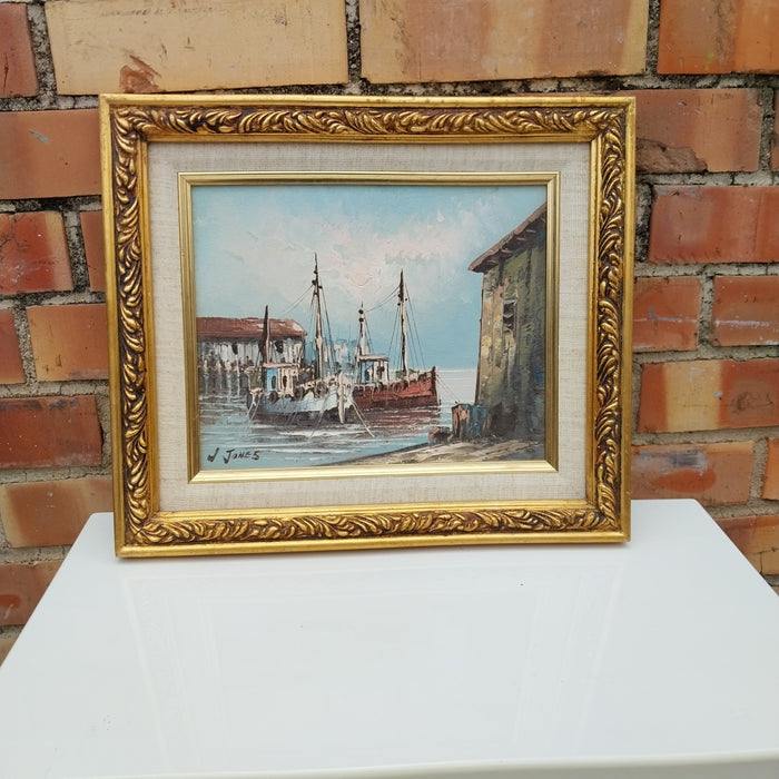 SMALL FRAMED OIL PAINTING OF FISHING BOATS