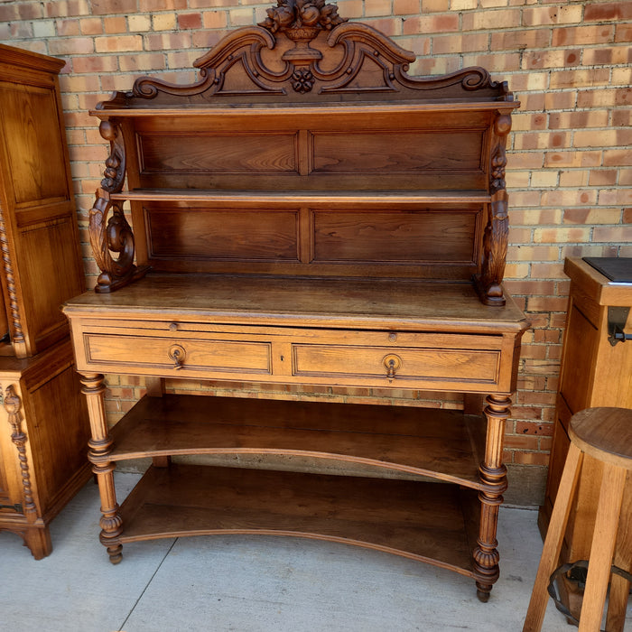 LARGE 19TH CENTURY OAK OPEN SHELVED SERVER WITH FRUIT URNS