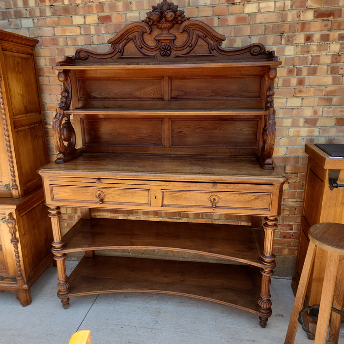 LARGE 19TH CENTURY OAK OPEN SHELVED SERVER WITH FRUIT URNS