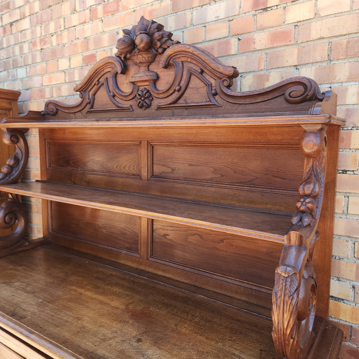 LARGE 19TH CENTURY OAK OPEN SHELVED SERVER WITH FRUIT URNS