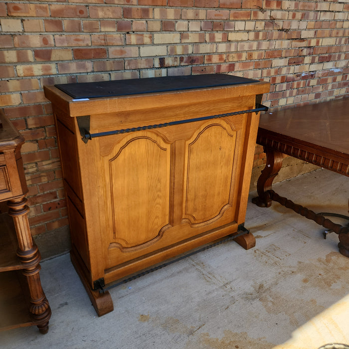 SLATE TOP OAK BAR WITH IRON BACKBAR AND 2 STOOLS