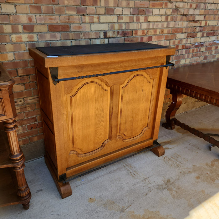 SLATE TOP OAK BAR WITH IRON BACKBAR AND 2 STOOLS