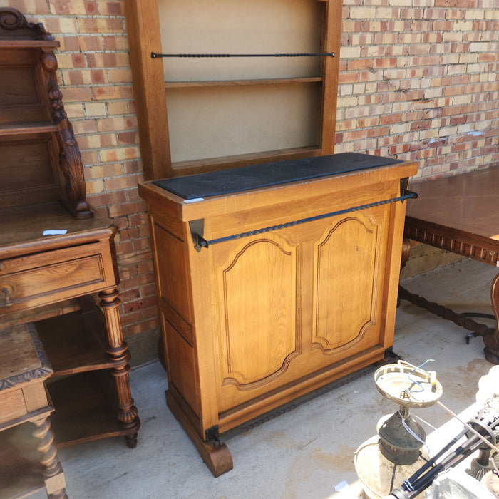 SLATE TOP OAK BAR WITH IRON BACKBAR AND 2 STOOLS