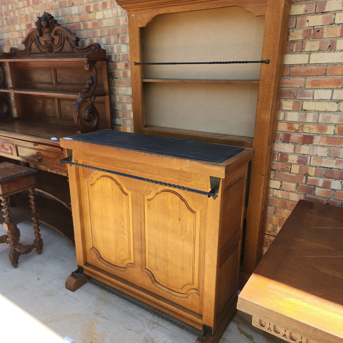 SLATE TOP OAK BAR WITH IRON BACKBAR AND 2 STOOLS