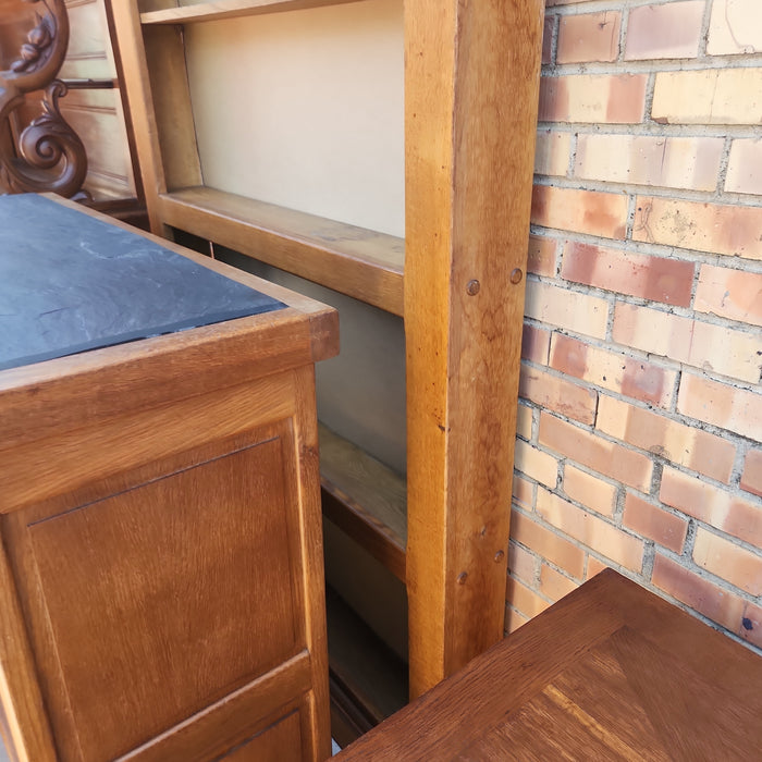 SLATE TOP OAK BAR WITH IRON BACKBAR AND 2 STOOLS