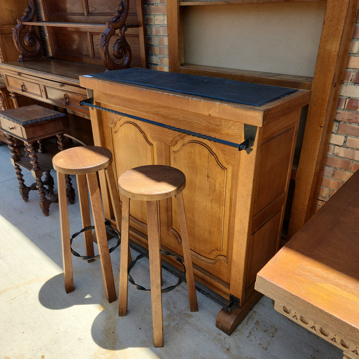 SLATE TOP OAK BAR WITH IRON BACKBAR AND 2 STOOLS