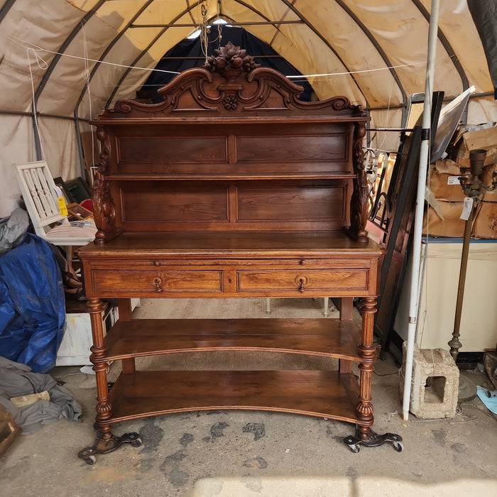 LARGE 19TH CENTURY OAK OPEN SHELVED SERVER WITH FRUIT URNS