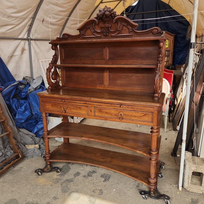 LARGE 19TH CENTURY OAK OPEN SHELVED SERVER WITH FRUIT URNS