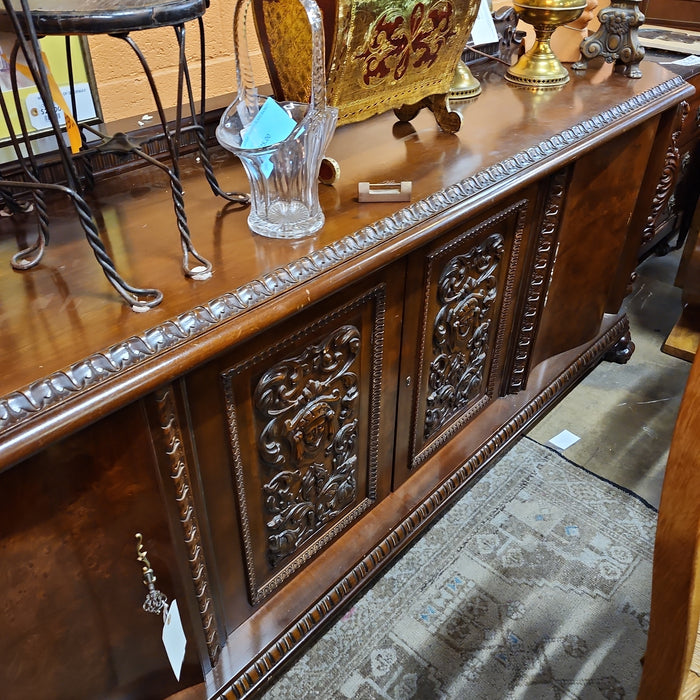 LARGE BURLED MAHOGANY PAW FOOT SIDEBOARD