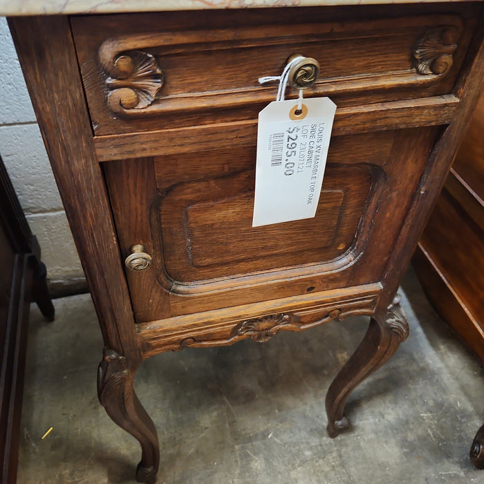 LOUIS XV MARBLE TOP OAK SIDE CABINET