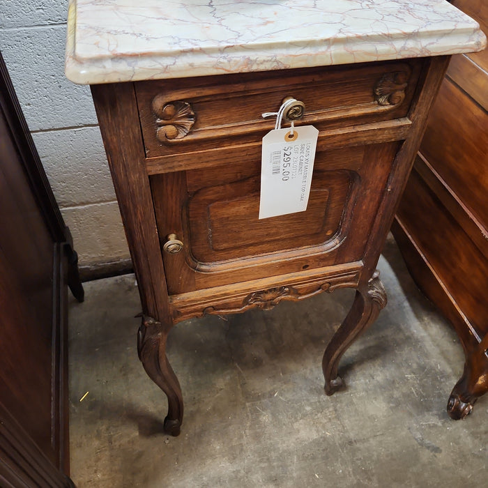 LOUIS XV MARBLE TOP OAK SIDE CABINET