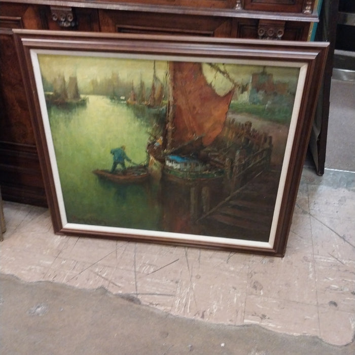 FRAMED OIL PAINTING "HARBOR VIEW" BY THOMPSON PRITCHARD