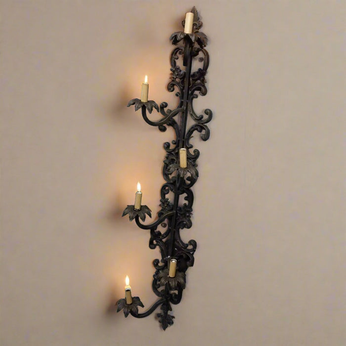 PAIR OF TALL SIX LIGHT IRON WALL SCONCES