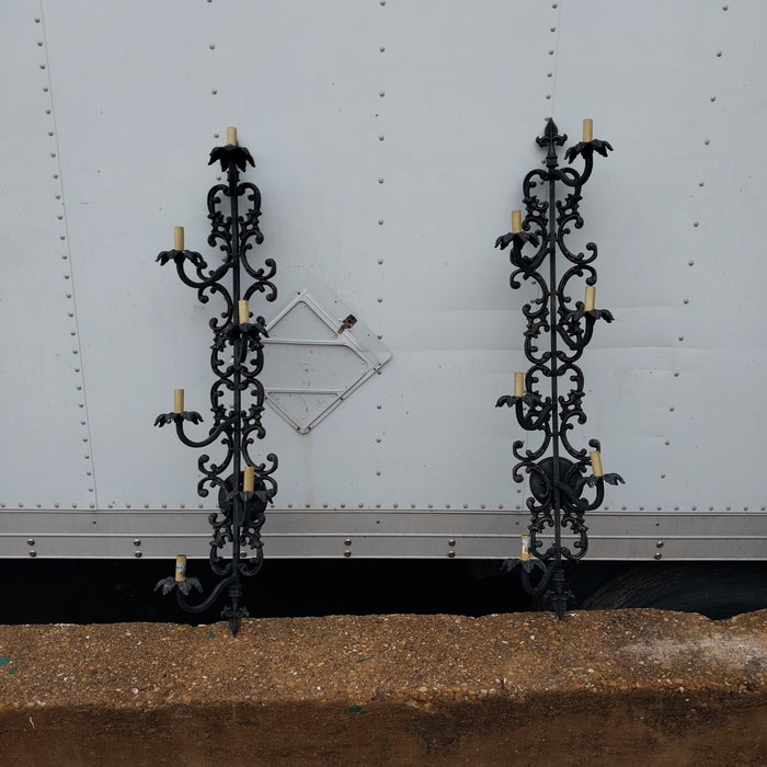 PAIR OF TALL SIX LIGHT IRON WALL SCONCES