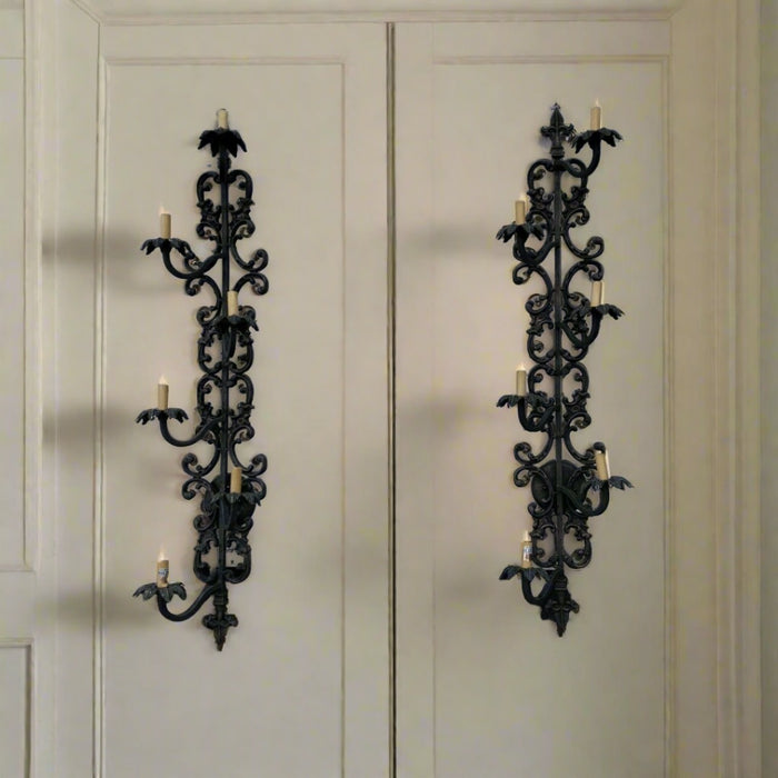 PAIR OF TALL SIX LIGHT IRON WALL SCONCES