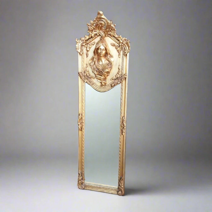 ART NOUVEAU GILT BEVELED MIRROR WITH LADY