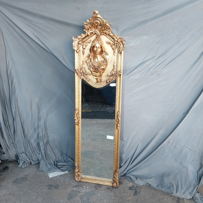 ART NOUVEAU GILT BEVELED MIRROR WITH LADY