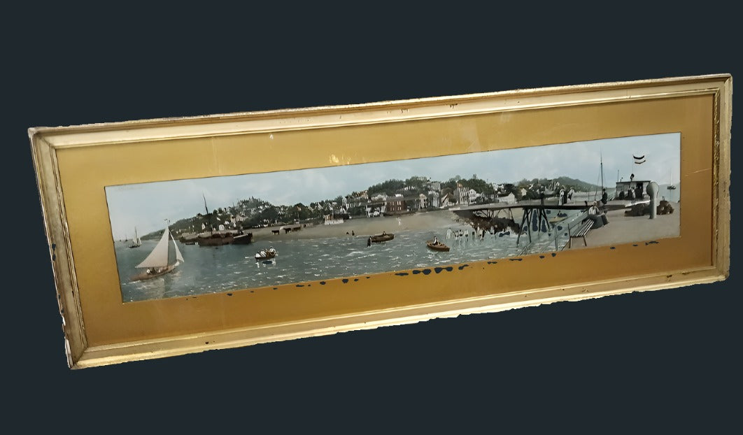 FRAMED PANORAMIC COLORED LITHOGRAPH RIVERSCAPE OF HAMBURG GERMANY