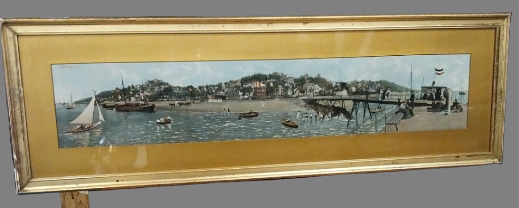 FRAMED PANORAMIC COLORED LITHOGRAPH RIVERSCAPE OF HAMBURG GERMANY