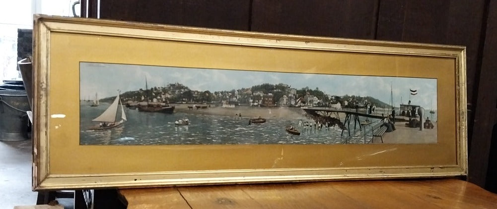 FRAMED PANORAMIC COLORED LITHOGRAPH RIVERSCAPE OF HAMBURG GERMANY