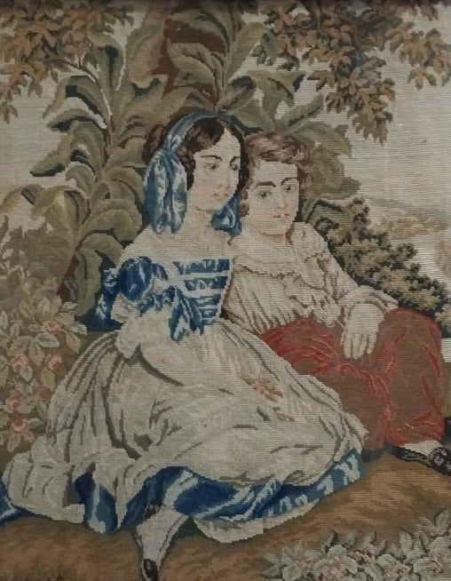 GOLD FRAMED NEEDLEPOINT TAPESTRY OF TWO CHILDREN