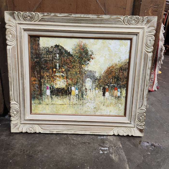 IMPRESSIONIST PARISIEN STREET SCENE OIL PAINTING ON CANVAS IN WOOD FRAME