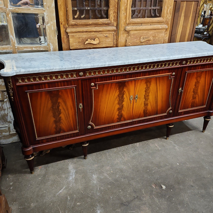 RED MAHOGANY SIEDBOARD WITH WHITE CURVED MARBLE TOP