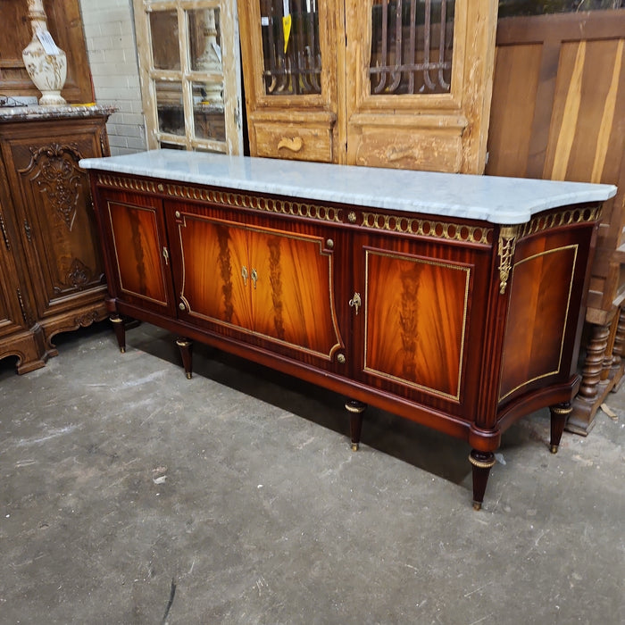 RED MAHOGANY SIEDBOARD WITH WHITE CURVED MARBLE TOP