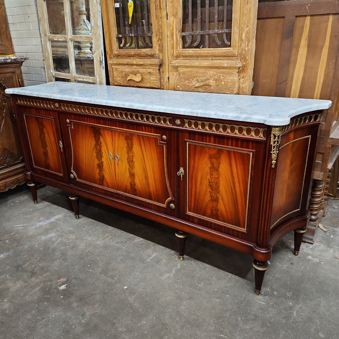 RED MAHOGANY SIEDBOARD WITH WHITE CURVED MARBLE TOP