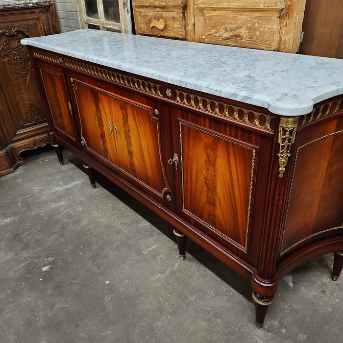 RED MAHOGANY SIEDBOARD WITH WHITE CURVED MARBLE TOP