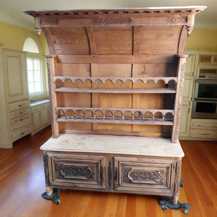 HOODED FRENCH RAW OAK PLATE RACK WITH CABINET