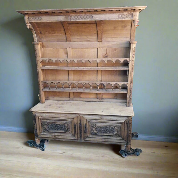 HOODED FRENCH RAW OAK PLATE RACK WITH CABINET