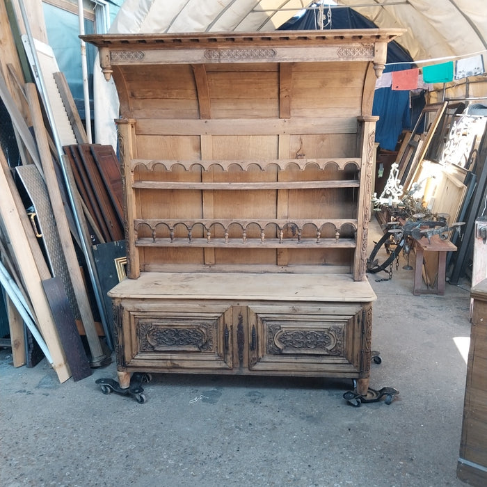 HOODED FRENCH RAW OAK PLATE RACK WITH CABINET