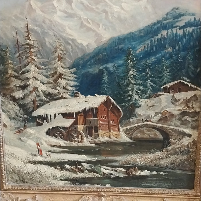 CABIN WITH WATER MILL DURING WINTER