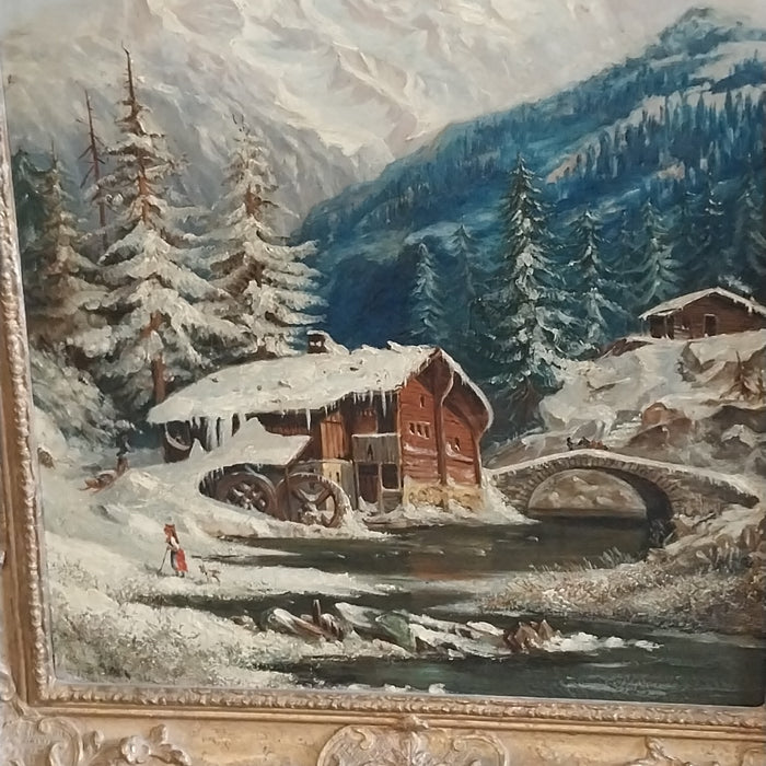 CABIN WITH WATER MILL DURING WINTER