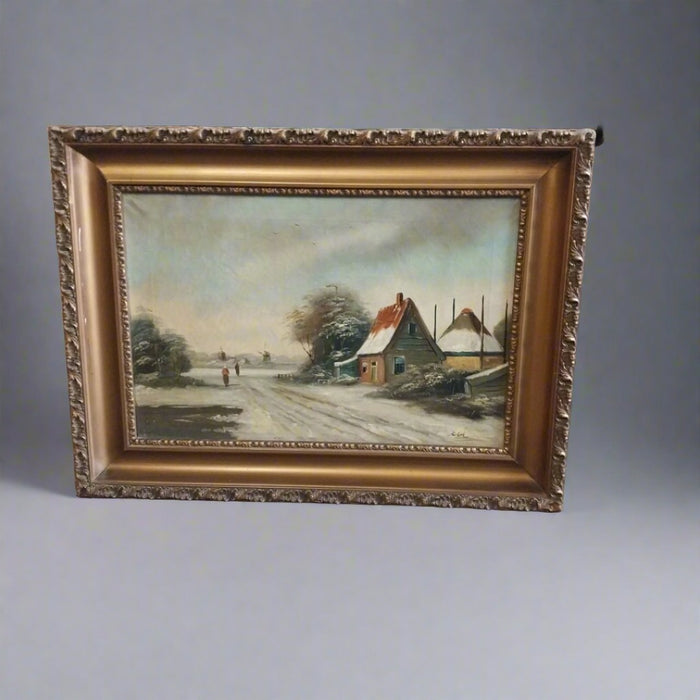 HORIZONTAL CHURCH WINTER SCENE WITH COLORFUL HOUSES OIL PAINTING