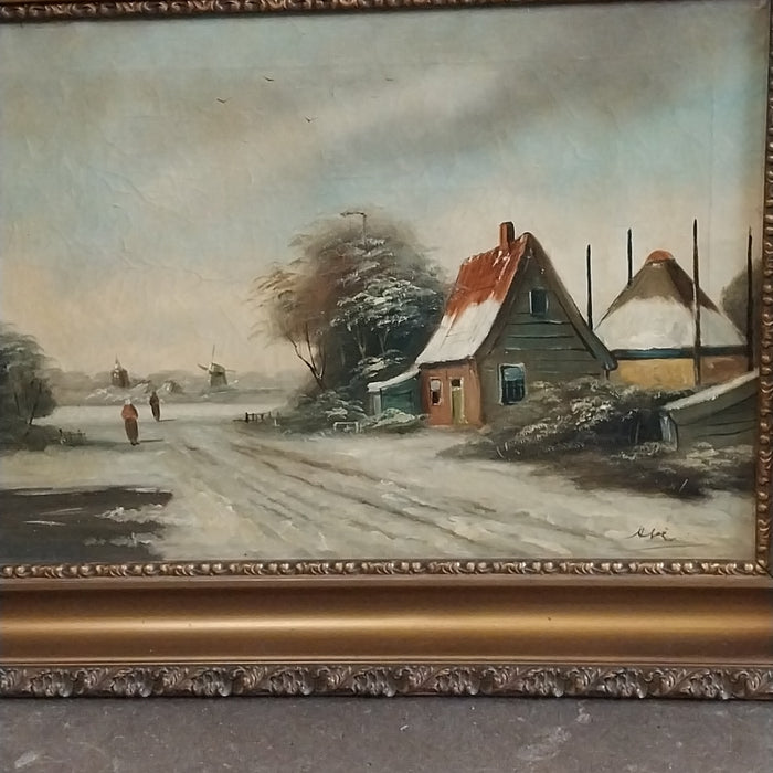 HORIZONTAL CHURCH WINTER SCENE WITH COLORFUL HOUSES OIL PAINTING