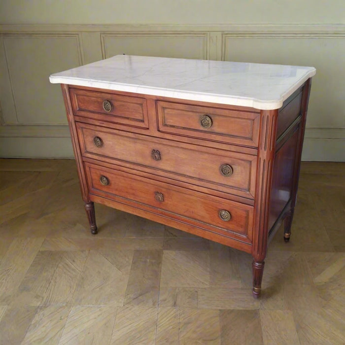 LOUIS XVI WHITE MARBLE TOP 4 DRAWER CHEST