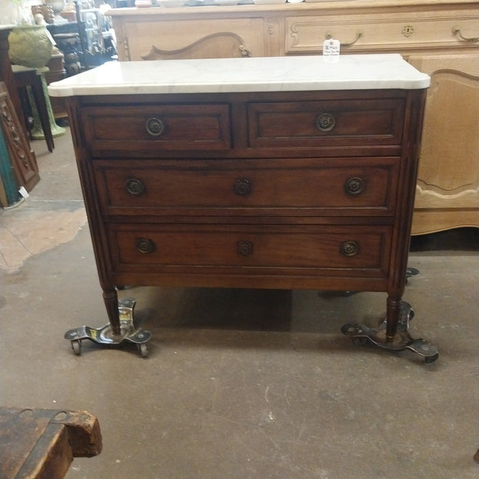 LOUIS XVI WHITE MARBLE TOP 4 DRAWER CHEST