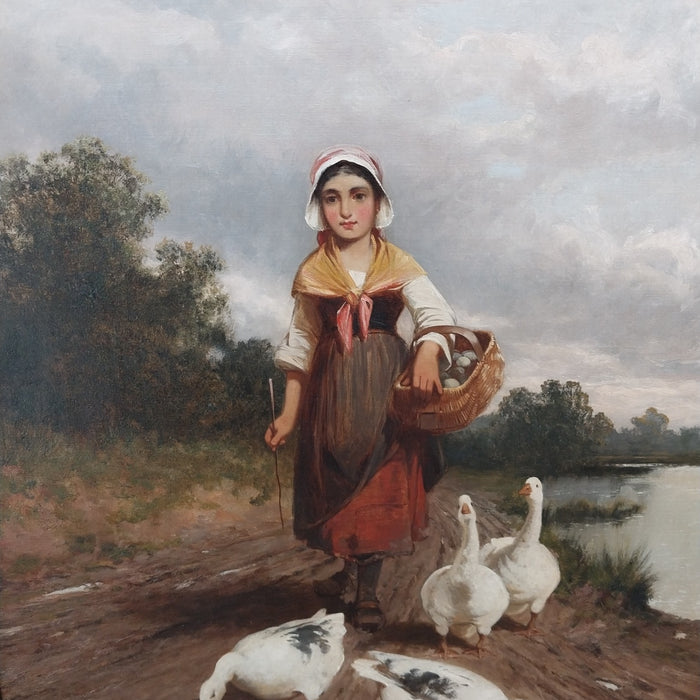 FRAMED ANTIQUE OIL PAINTING OF A GIRL WALKING WITH GEESE