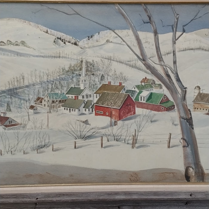 FRAMED WATERCOLOR OF A COUNTRY SNOW SCENE