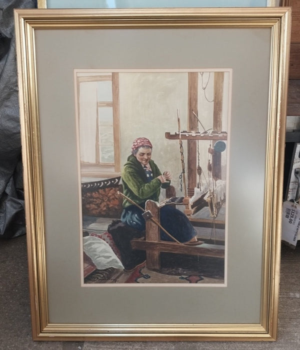 WATERCOLOR PAINTING OF A WOMAN WEAVING-SIGNED