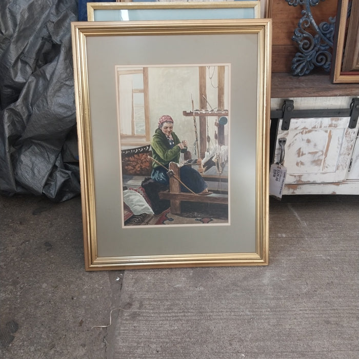 WATERCOLOR PAINTING OF A WOMAN WEAVING-SIGNED