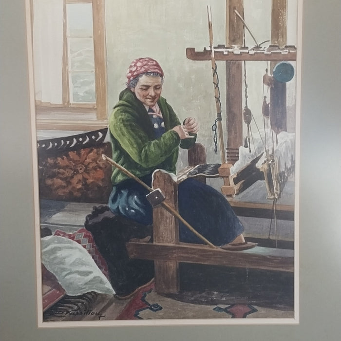 WATERCOLOR PAINTING OF A WOMAN WEAVING-SIGNED